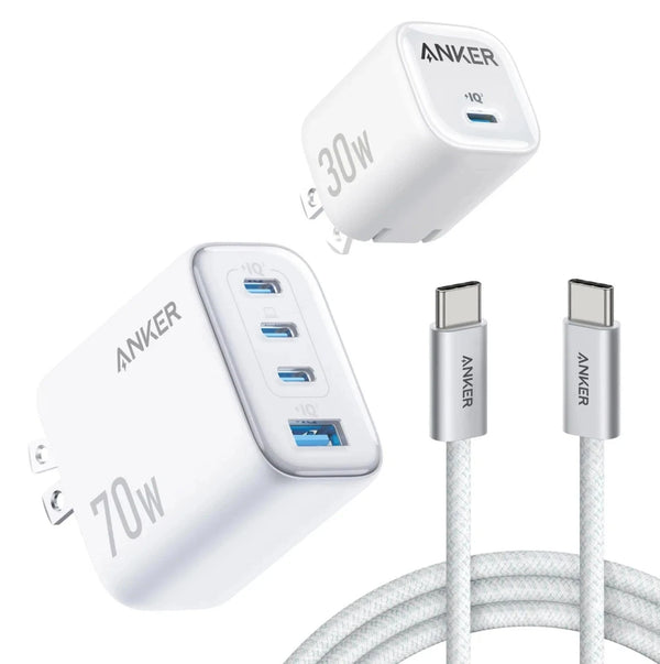 Anker 70W/30W Wall Charger Bundle Foldable Plugs + 2x 6ft USB-C Cables