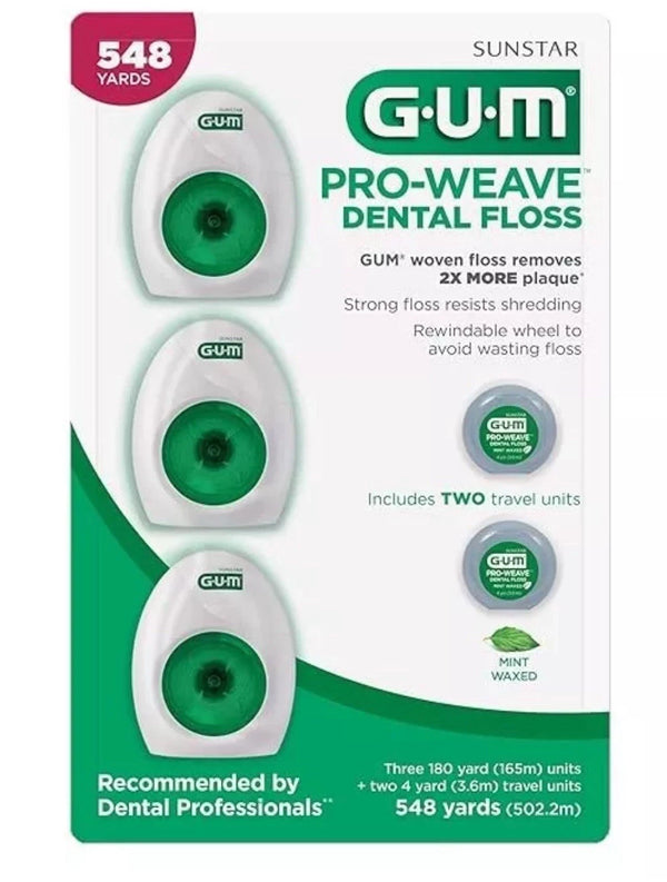 GUM Pro-Weave Mint Waxed Dental Floss 3 Pack Plus 2 Travel Units