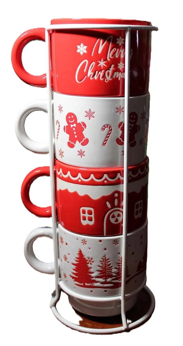 Signature Holiday Mug Set 4pc w/ Rack 13.5oz Christmas Coffee Tea Cups NEW