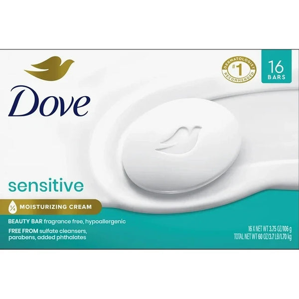 Dove Sensitive Beauty Bar 3.75oz Soap 16 Bars with 1/4 Moisturizing Cream NEW