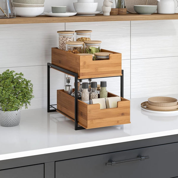 Seville Home 100% Bamboo 2-Tier Sliding Bin Organizer – NEW