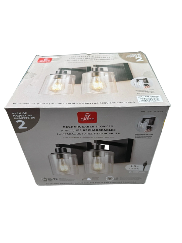 2 Wall Sconce Lights Battery Rechargeable Globe with Black Base – GB – NEW
